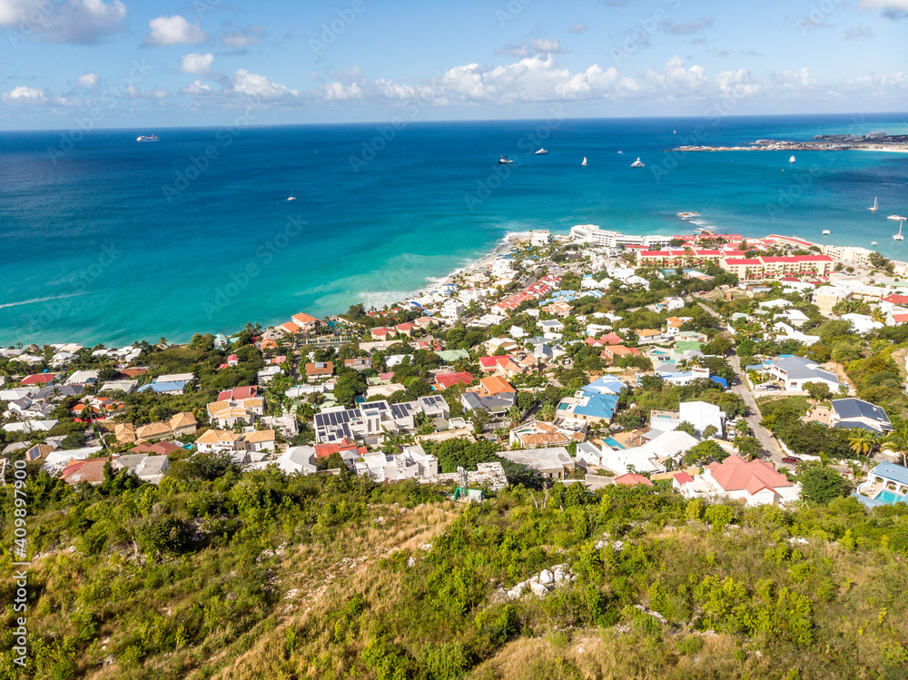 Scenic view of the caribbean island of St.maarten. Caribbean island citycsape.