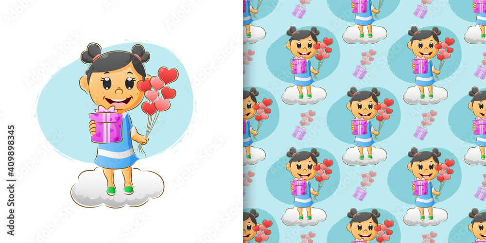 Cute girl celebrates the valentine with the giving the gift and balloons Cute girl celebrates the valentine with the giving the gift and balloons