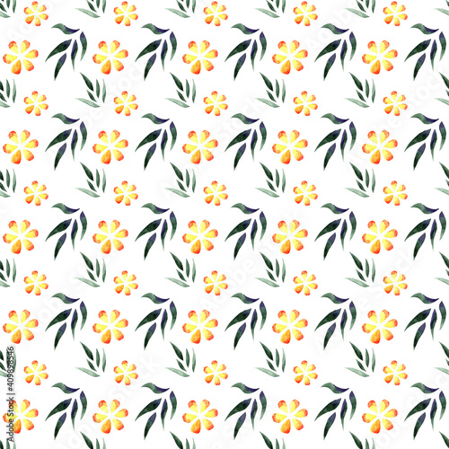 Watercolor illustration of green leaves, branches and yellow flowers. Seamless pattern for textiles. Spring.