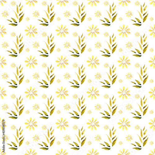 Watercolor illustration of green leaves, branches and yellow flowers. Seamless pattern for textiles. Spring.