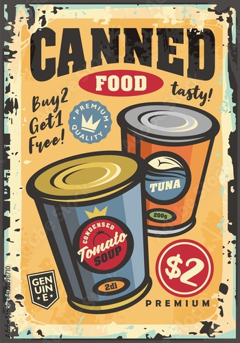 Canned food grocery commercial sign with tomato soup can and tuna fish. Supermarket advertisement with popular products. Sale promotions vector poster design.