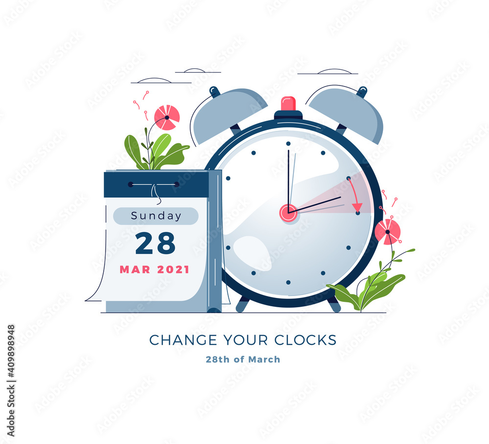 Daylight Saving Time banner. Calendar with marked date, text Change your clocks. Changing the time on the watch to summertime, spring forward, DST begins in Europe concept. Flat vector illustration