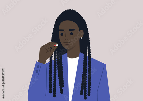 Medicine and healthy lifestyle concept, a young female Black character taking a pill