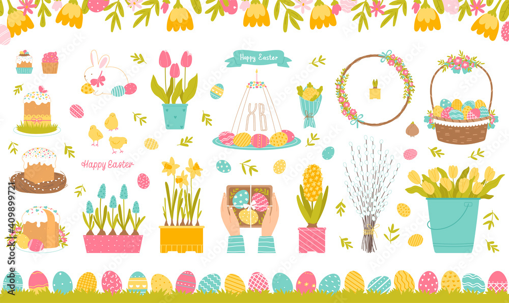 Happy Easter set. Collection of elements for the Easter holiday. Items isolated on a white background. Spring color palette. Vector illustration in flat style. Happy Easter set. Collection of elements for the Easter holiday. Items isolated on a white background. Spring color palette. Vector illustration in flat style.