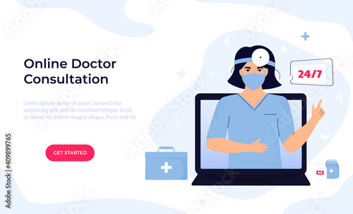Woman otolaryngologist doctor in protective mask and head reflector consults online by video call on laptop. Ent clinic. Telemedicine concept. Chat with a medical worker. Web page template.