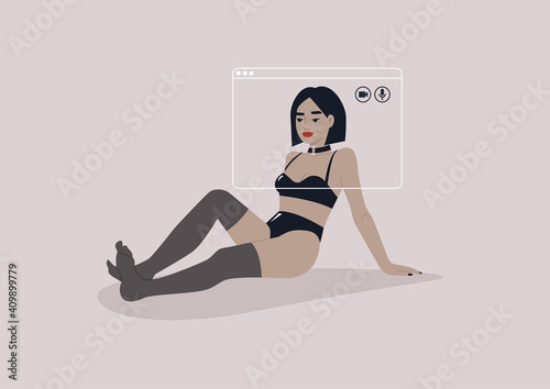 Sexy female model wearing black latex lingerie, the online adult erotic  industry, BDSM aesthetics