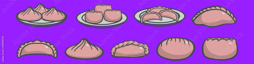 Obraz premium set of dumplings cartoon icon design template with various models. vector illustration isolated on purple background