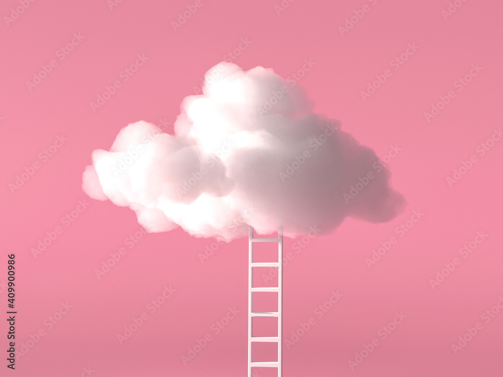 White cloud with ladder on pink background, cloudy modern technology 3d rendering White cloud with ladder on pink background, cloudy modern technology 3d rendering
