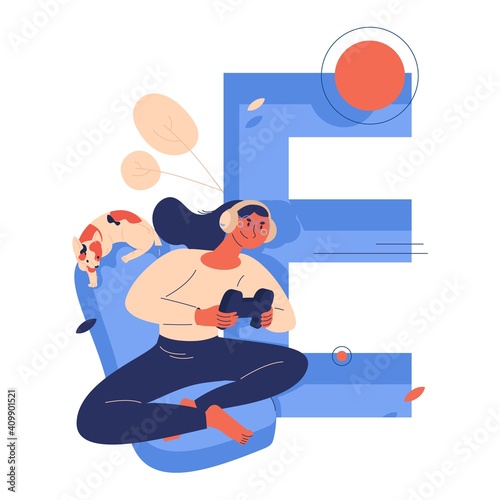 E sports concept illustration with young woman playing with controller  cat sleeping on back of chair and capital letter E isolated on white. Vector concept illustration