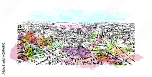 Building view with landmark of Nizhny Novgorod is the
city in Russia. Watercolor splash with hand drawn sketch illustration in vector.