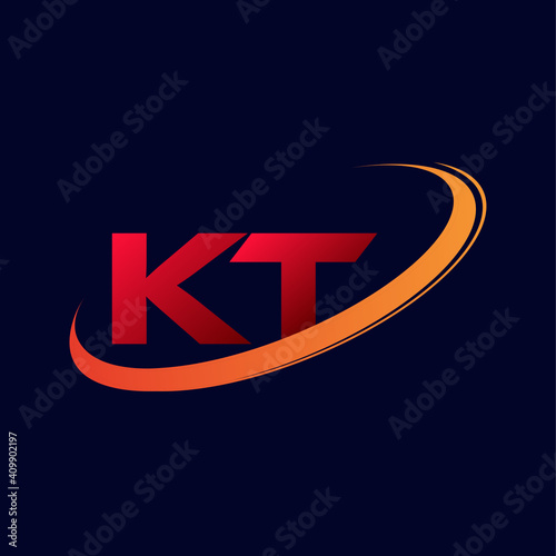 initial letter KT logotype company name colored red and orange swoosh design. isolated on dark background.