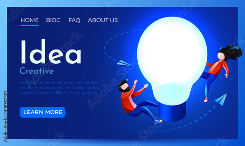 People fly around lightbulb idea. Innovation, Brainstorming and Creativity concept. Landing page website template.