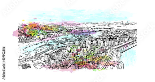 Building view with landmark of Nizhny Novgorod is the
city in Russia. Watercolor splash with hand drawn sketch illustration in vector.