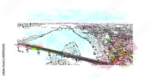 Building view with landmark of Nizhny Novgorod is the
city in Russia. Watercolor splash with hand drawn sketch illustration in vector.