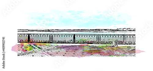 Building view with landmark of Nizhny Novgorod is the
city in Russia. Watercolor splash with hand drawn sketch illustration in vector.