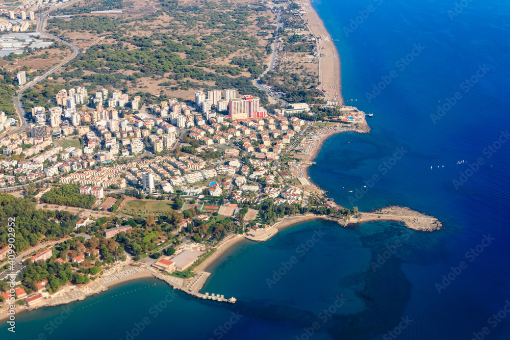 Aerial view of Antalya city and the Mediterranean sea in Turkey. View from a plane