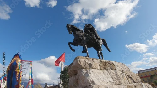 Statue of George Kastrioti Skanderbeg, an Albanian national heror who led a rebellion against the Ottoman Empire, in the main square of capital city of Tirana. photo