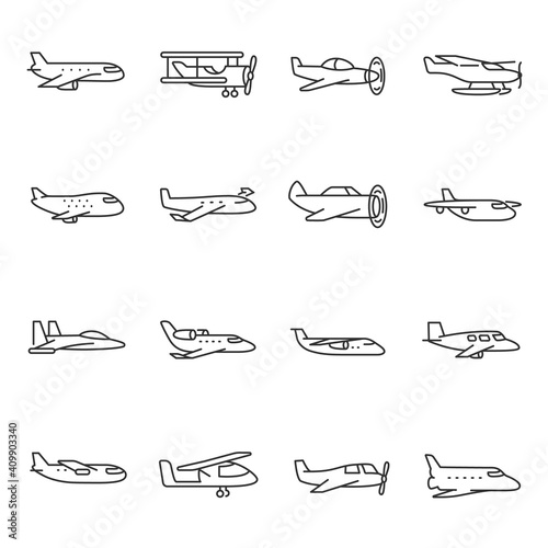 Airplane icon set. Aircraft different types, flight, passenger plane, aviation. Line with editable stroke