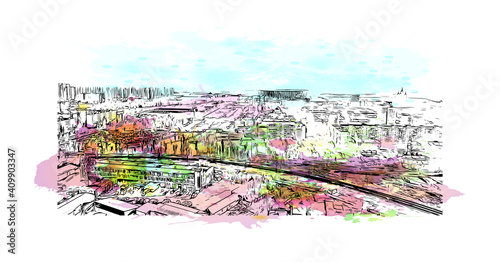 Building view with landmark of Nizhny Novgorod is the
city in Russia. Watercolor splash with hand drawn sketch illustration in vector.