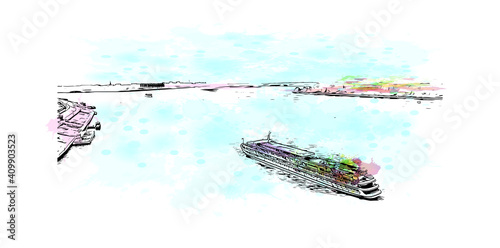 Building view with landmark of Nizhny Novgorod is the
city in Russia. Watercolor splash with hand drawn sketch illustration in vector.