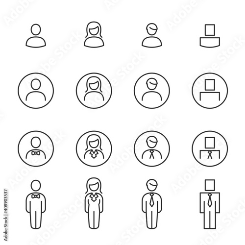 User profile, avatar, people person, icon set. Man, woman, no gender, robot . Line with editable stroke