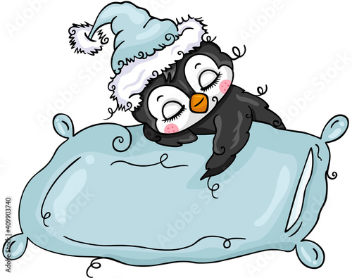 Cute penguin sleeping with pillow