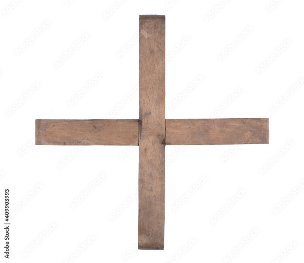 wooden cross stand isolated on wooden background