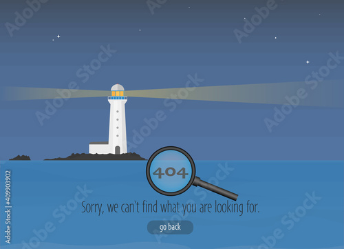 404 error webpage with lighthouse against dark ocean and sky vector illustration