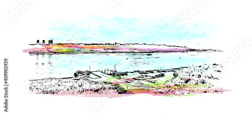 Building view with landmark of Nizhny Novgorod is the
city in Russia. Watercolor splash with hand drawn sketch illustration in vector.