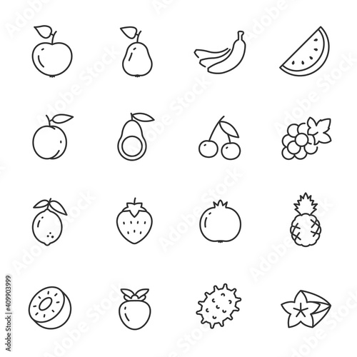 Fruits and berries icon set. apple  kiwi  orange and more. Food  organic nutrition. Line with editable stroke
