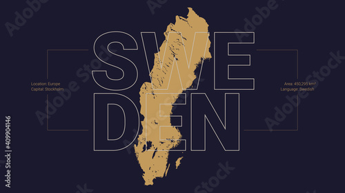 Sweden map silhouette with country name and description, color vector detailed poster photo