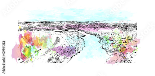 Building view with landmark of Nizhny Novgorod is the
city in Russia. Watercolor splash with hand drawn sketch illustration in vector.