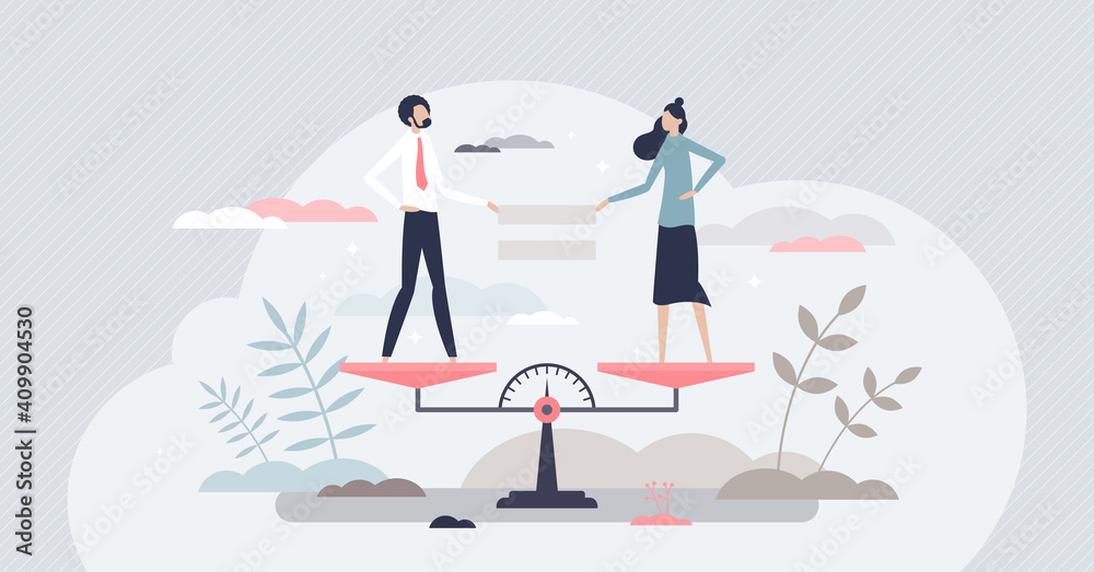 Equality as female gender balance and fair comparison tiny person concept Equality as female gender balance and fair comparison tiny person concept