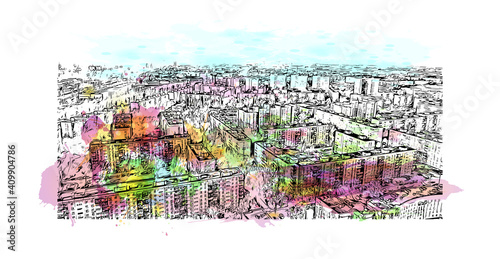Building view with landmark of Nizhny Novgorod is the
city in Russia. Watercolor splash with hand drawn sketch illustration in vector.