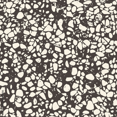 Terrazzo Textured Floor Tile Background. Seamless Vector Repeat Backdrop. Design With Irregular Inclusions On Grey Background. Close Up, All Over Repeat. Interior Design, Home Decor, Interiors. Vector