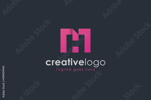 Abstract Initial Letter M and H Logo. Purple M Letter Square Origami with Negative Space H Letter isolated on Dark Blue Background. Usable for Branding Logos. Flat Vector Logo Design Template Element.