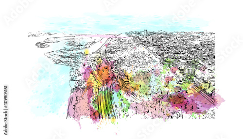 Building view with landmark of Nizhny Novgorod is the
city in Russia. Watercolor splash with hand drawn sketch illustration in vector.