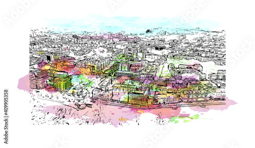 Building view with landmark of Nizhny Novgorod is the
city in Russia. Watercolor splash with hand drawn sketch illustration in vector.