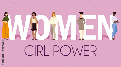 women girl power, female characters with lettering