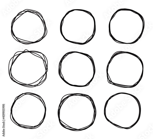 Black doodle sketched circles collection. Grunge round shape set. Hand drawn scribble rings. Vector isolated design elements