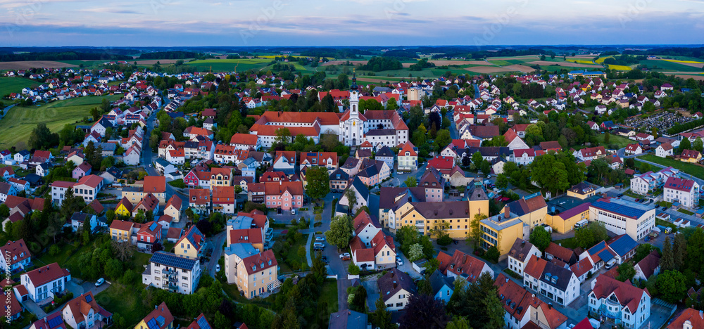 Aerial view of the city Altomünster in Germany, Bavaria on a late sunny afternoon spring day.