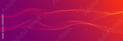 Red wide abstract wavy particle background. Flowing particles with depth of field. Technology, science, gaming, cinema, website vector background.