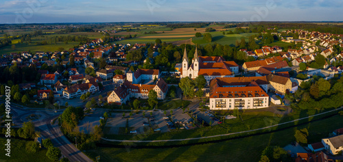 Aerial view of the village Markt Indersdorf in Germany, Bavaria on a sunny late afternoon in spring. 