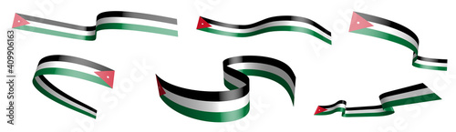 Set of holiday ribbons. Flag of Jordan waving in wind. Separation into lower and upper layers. Design element. Vector on white background