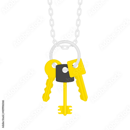 Three Key hanging on ring and chrome chain. Door or padlock keys on keyring in flat style isolated on white background. Security concept. Vector illustration. EPS 10.