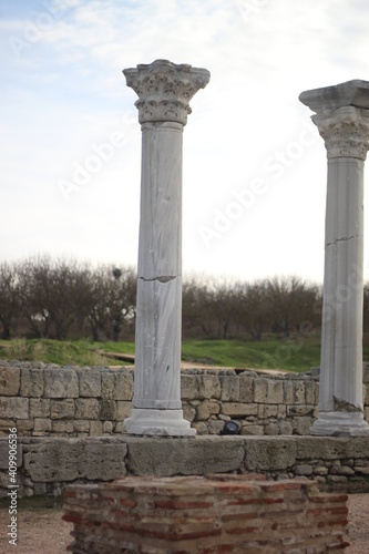 Ruins of an ancient Greek city by the sea. Chersonesos. The ancient city. Black Sea.