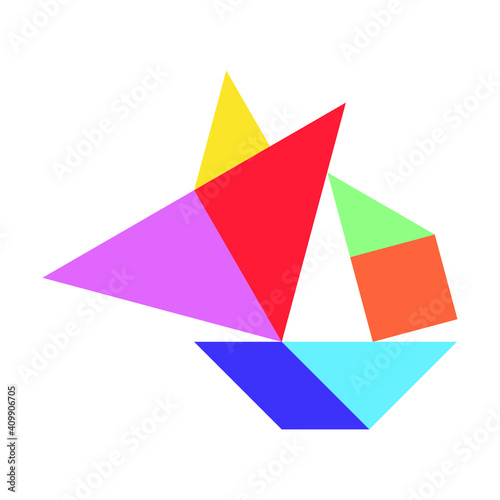 Color tangram puzzle in sailing boat shape on white background
