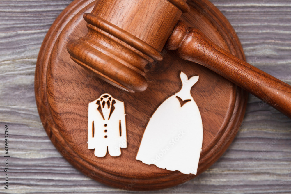 Marriage contract concept. Wooden gavel and sound block.
