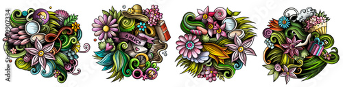 Happy Womens Day cartoon vector doodle designs set.