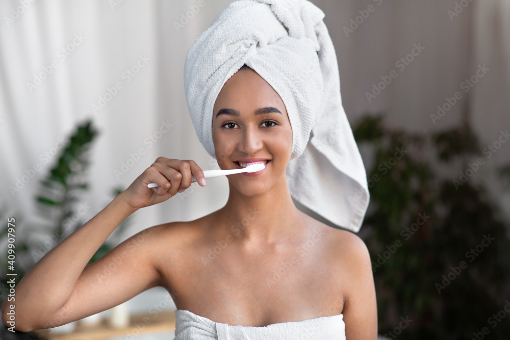 Caries prevention, personal self-care and morning daily hygiene procedures in bathroom interior Caries prevention, personal self-care and morning daily hygiene procedures in bathroom interior
